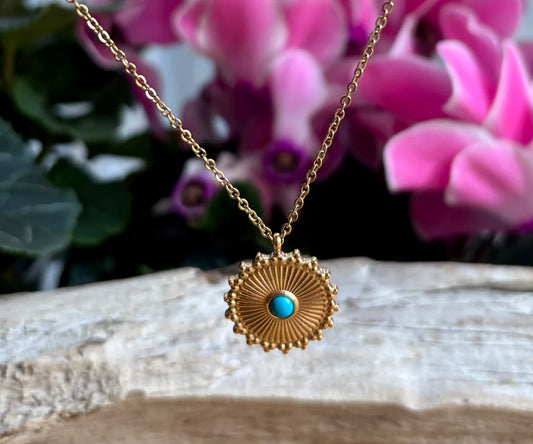 18ct gold plated turquoise sun disc necklace with beaded detailing and delicate gold chain