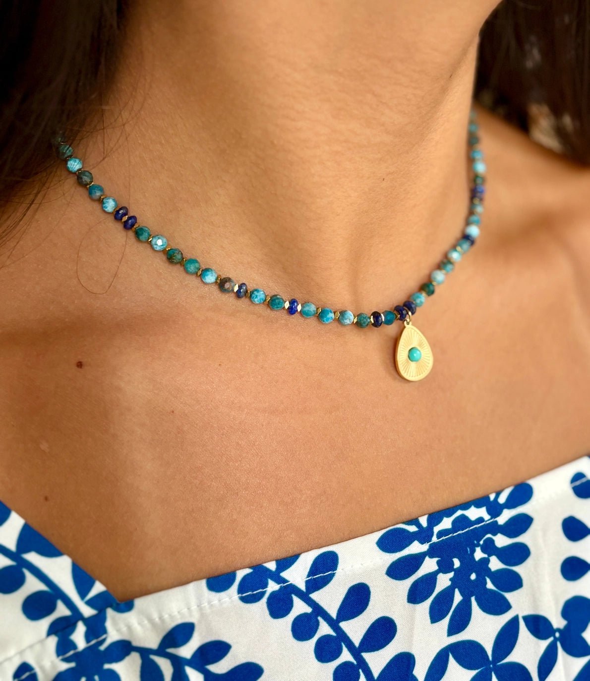 18ct Gold Plated Apatite Beaded Necklace with Turquoise Pendant - Ivy and Sol