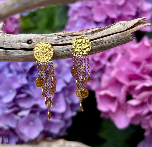 18ct Gold Plated Hammered Disc Drop Earrings
