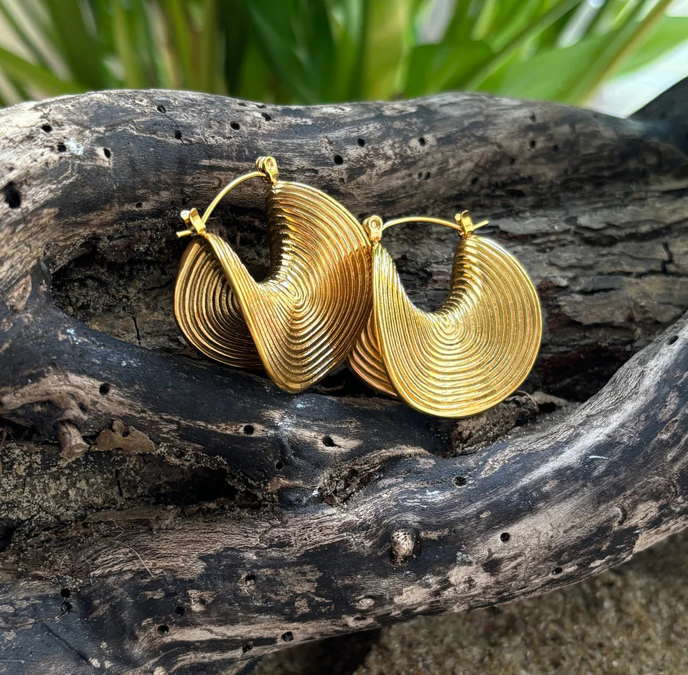 Gold hoop earrings on a piece of driftwood with a natural background
