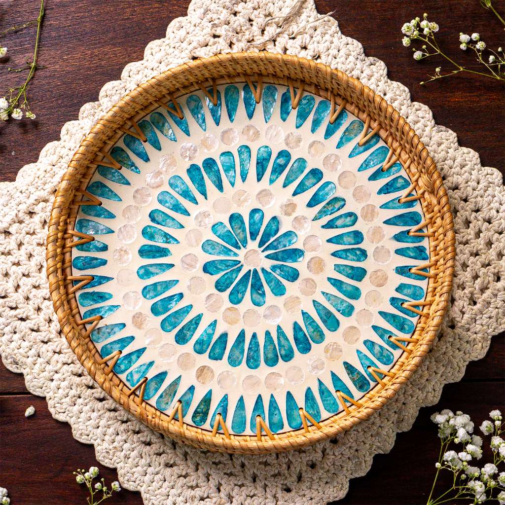 Rattan Ripple Serving Tray | Round Decorative Tray with Handles