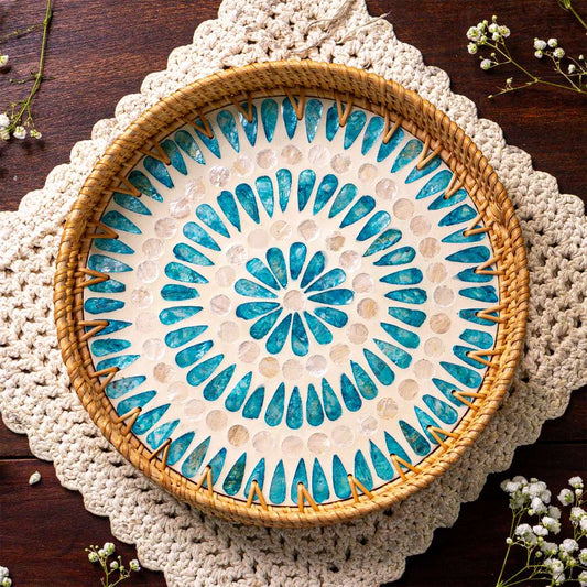 Rattan Ripple Serving Tray | Round Decorative Tray with Handles