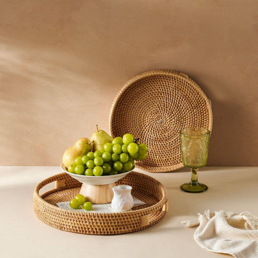 Handwoven Rattan Serving Tray | Round Rustic Tray with Handles | Natural