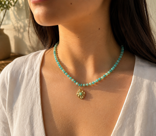 18ct Gold Plated Amazonite Bead Pendant Necklace | Waterproof Stainless Steel