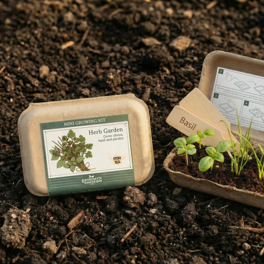 Herb growing kit with basil plants on a soil background