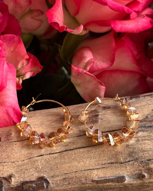 14ct Gold Plated Tea Brown Glass Chip Hoop Earrings