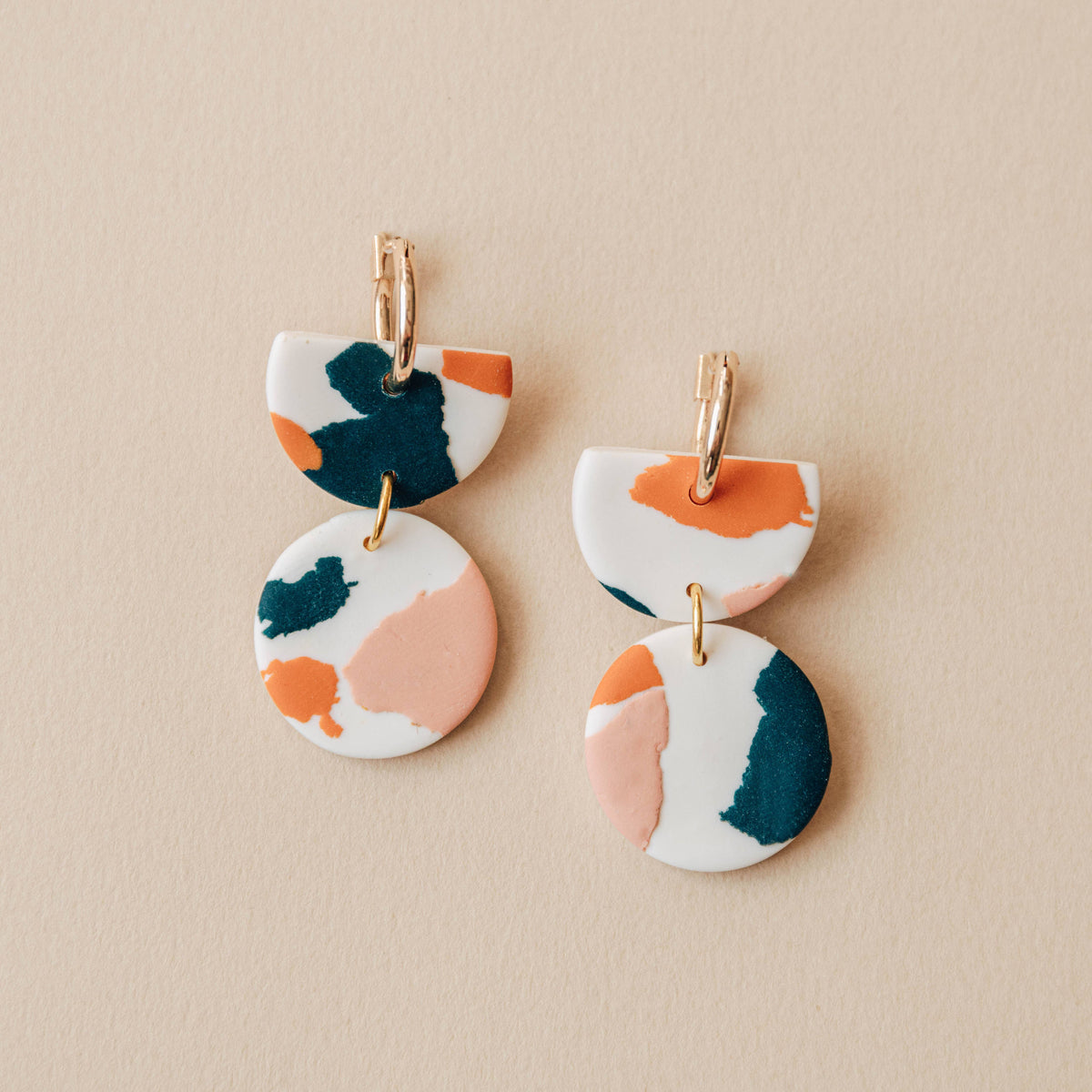 Stephanie Terrazzo Hoop Earrings – Deep Teal, Pink & Orange