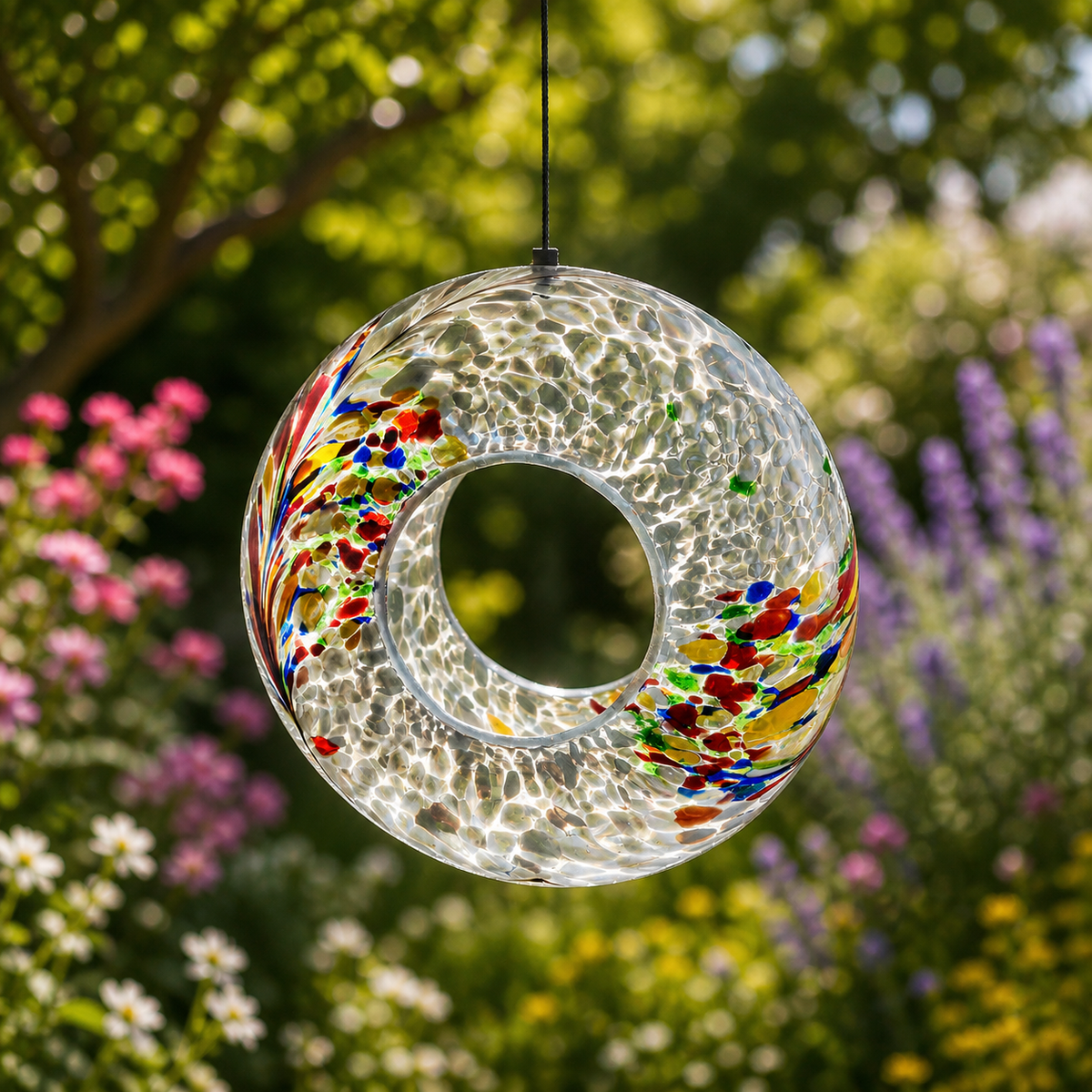 A circular clear glass wind spinner with colorful hand-blown glass accents, suspended by a black string against a blurred garden background of green foliage and pink, purple, and white flowers.