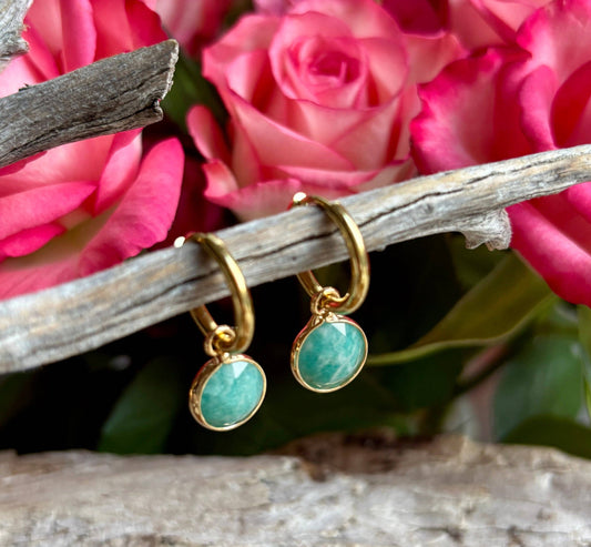 18ct Gold Plated Amazonite Huggie Earrings | Waterproof Natural Gemstone Earrings