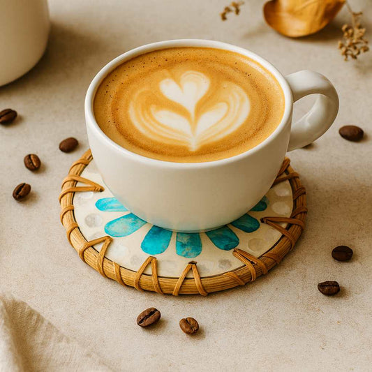 Rattan Ripple | Set of 6 Drink Coasters with Holder