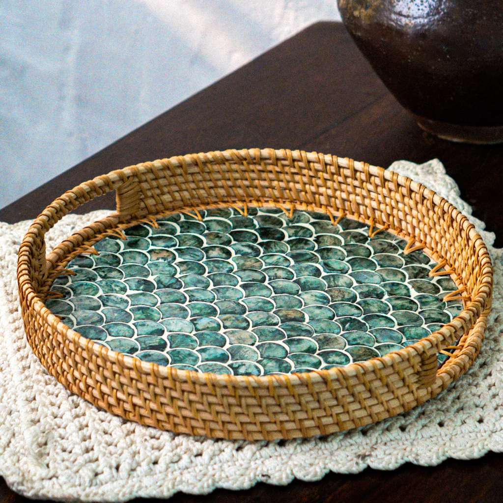 Rattan & Mother of Pearl Serving Tray | Decorative Round Coffee Table Tray