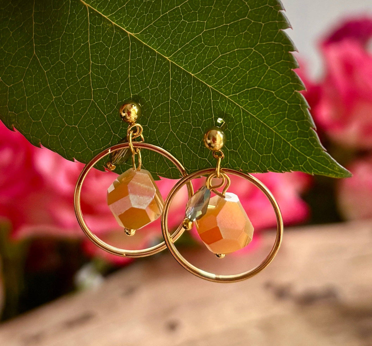 Amber Glow Crystal Drop Hoop Earrings 14ct