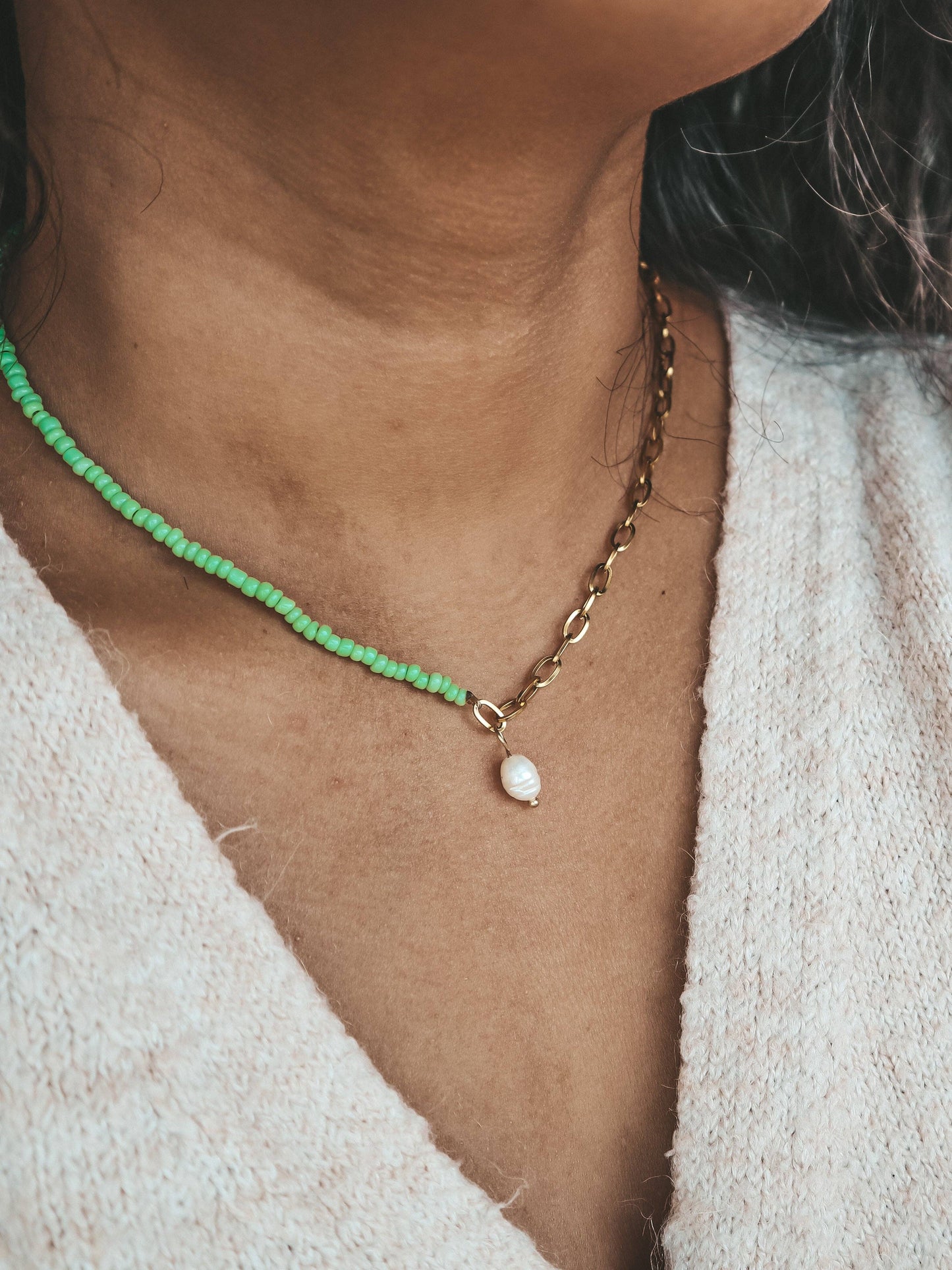 Green Freshwater Pearl Seed Bead Necklace | 18k Gold Plated Stainless Steel