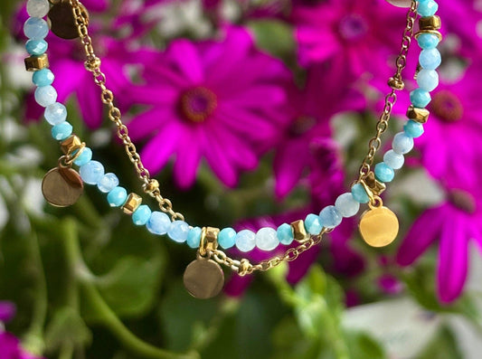 18ct Gold Plated Natural Stone Double Chain Bracelet – Lake Blue | Waterproof Jewellery UK