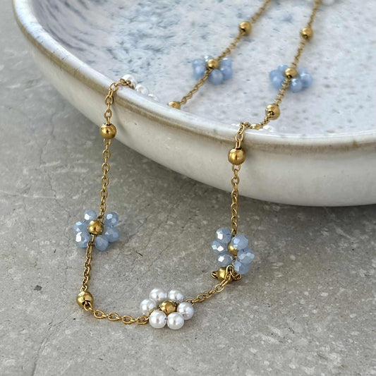 Light Blue Daisy Beaded Necklace | Waterproof Gold Jewellery