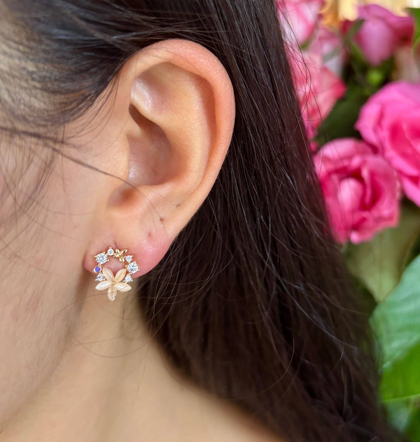 14ct Gold Plated Flower Wreath Earrings | Cubic Zirconia Floral Stud Earrings