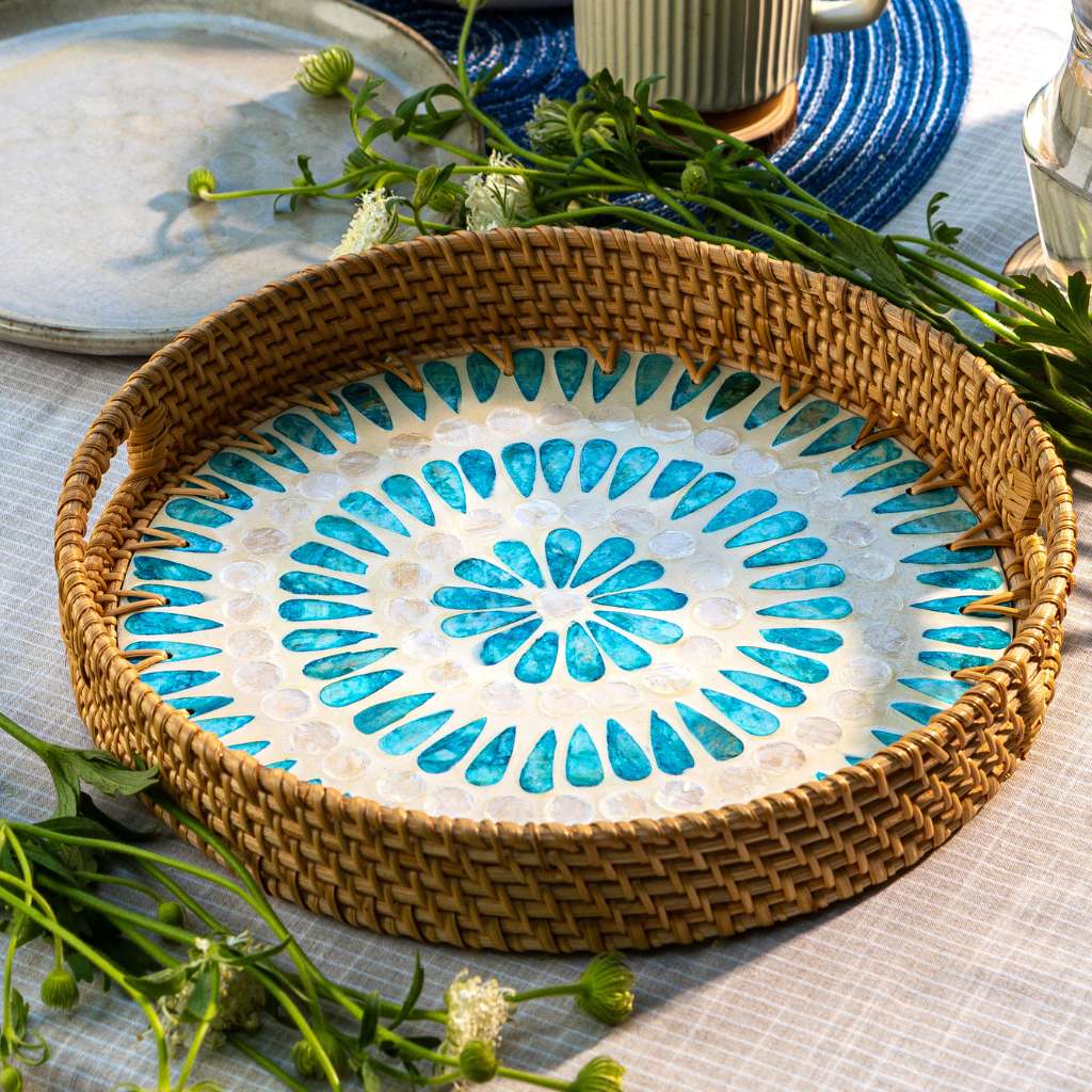 Rattan Ripple Serving Tray | Round Decorative Tray with Handles