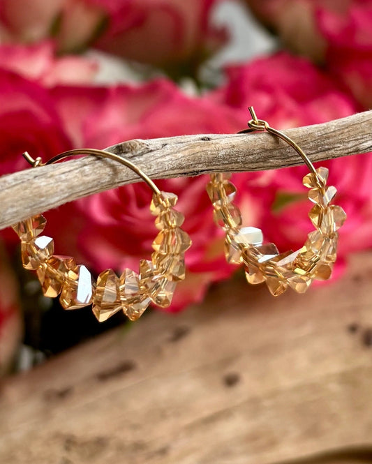 14ct Gold Plated Tea Brown Glass Chip Hoop Earrings