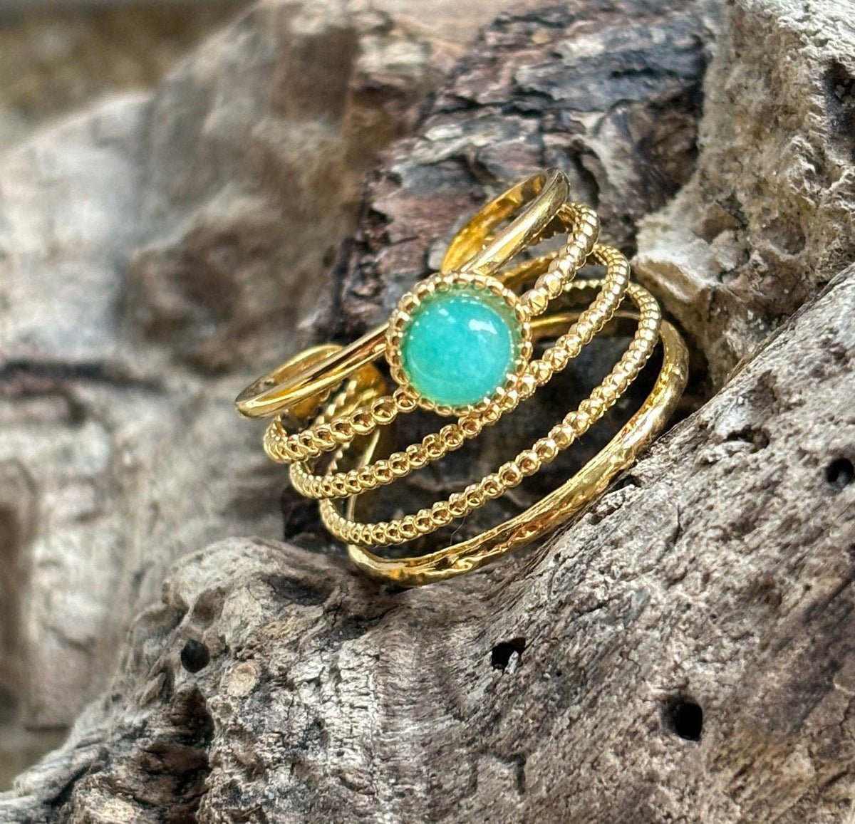 18ct Gold-Plated Amazonite Multi-Band Adjustable Ring