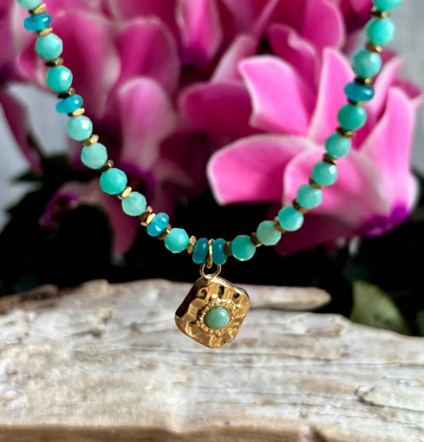 18ct Gold Plated Amazonite Bead Pendant Necklace | Waterproof Stainless Steel