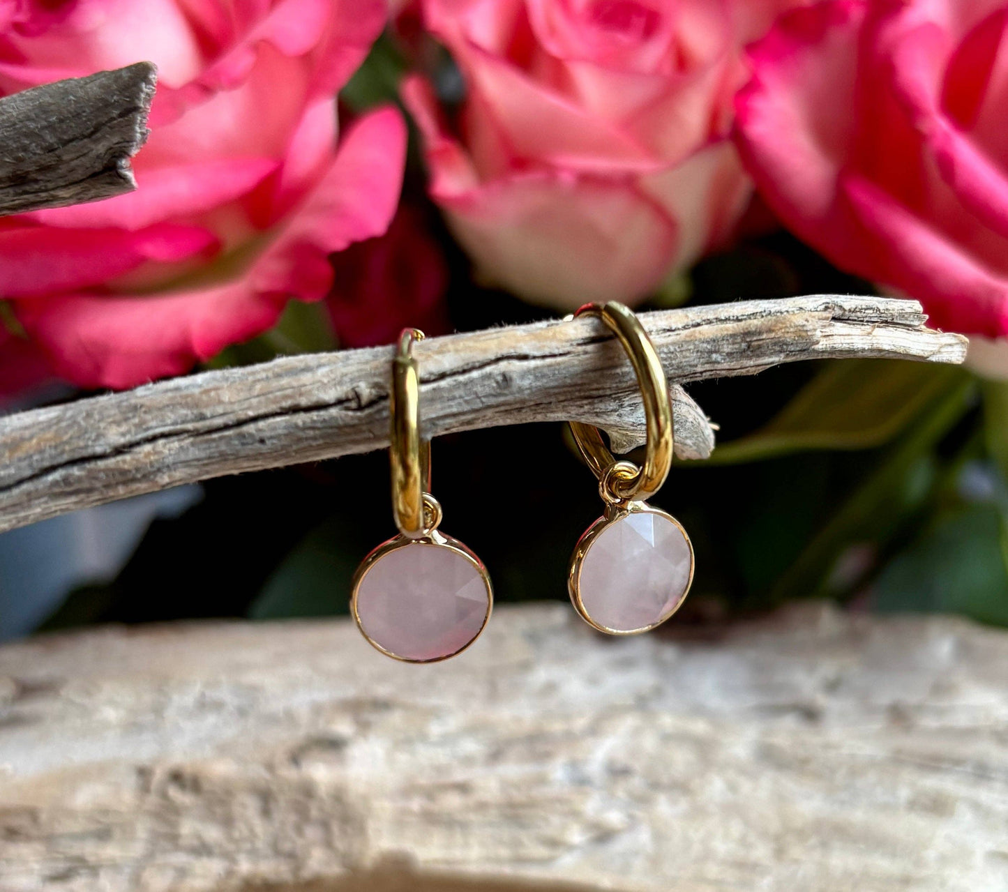 18ct Gold Plated Rose Quartz Huggie Earrings | Waterproof Natural Gemstone Earrings