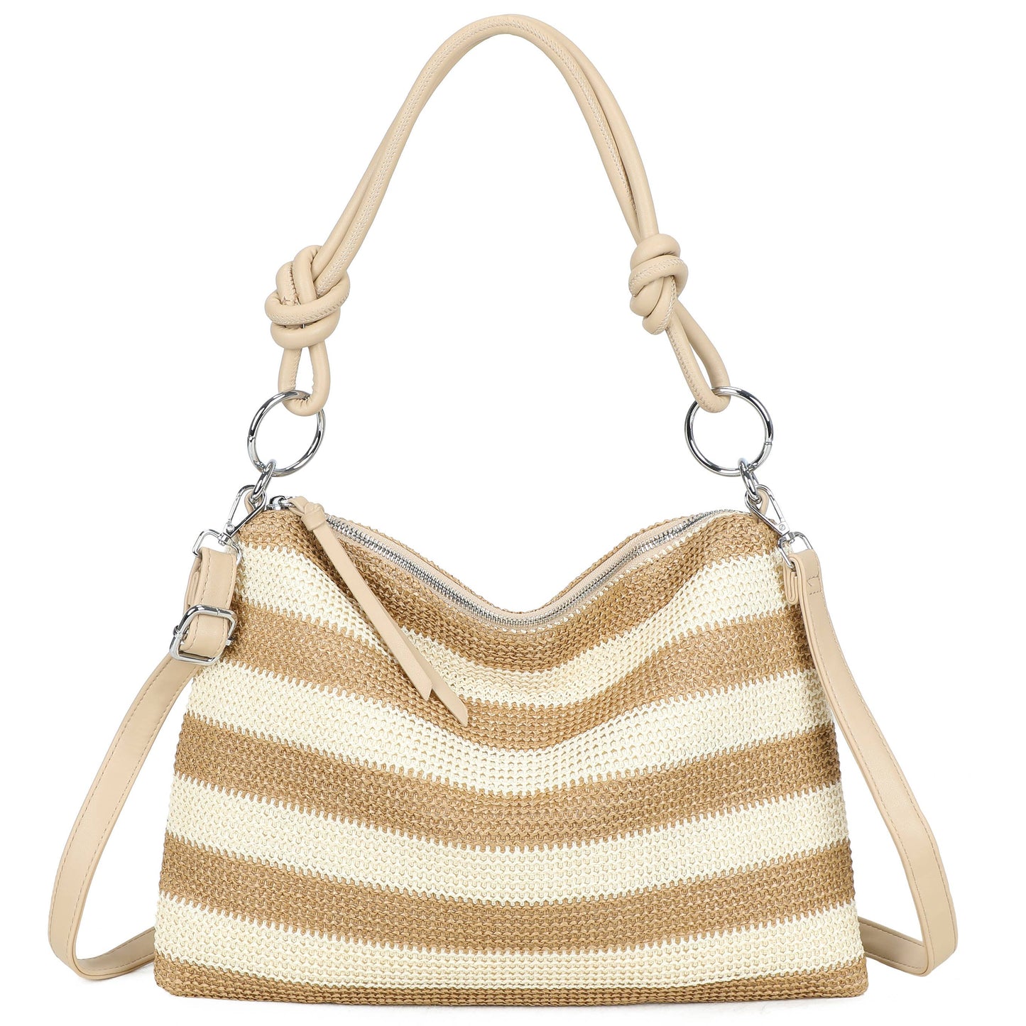 H681-4 Natural Straw Stripe Shoulder Bag with Knot Handle: Khaki/beige