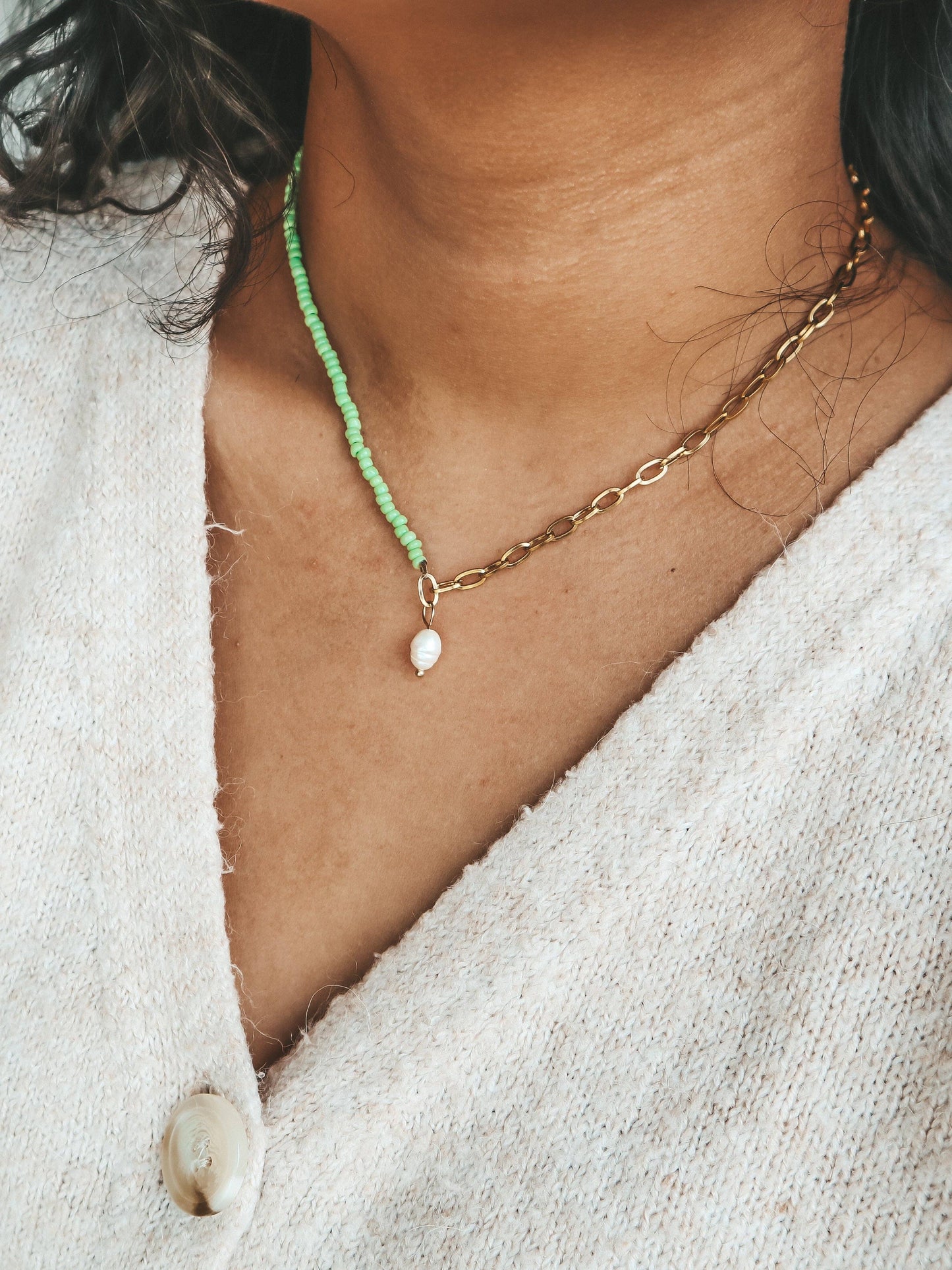 Green Freshwater Pearl Seed Bead Necklace | 18k Gold Plated Stainless Steel