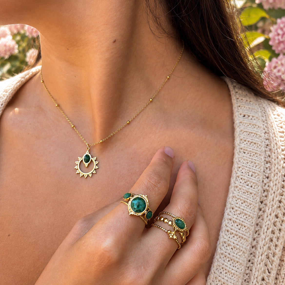 18ct Gold-Plated African Jade Sunburst Necklace