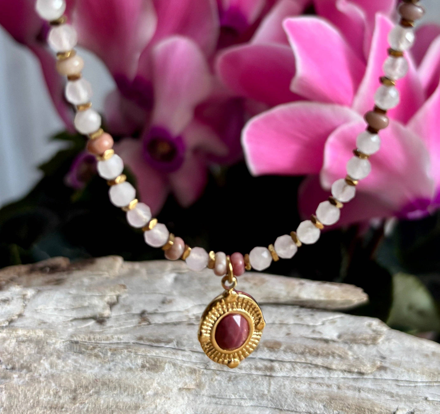 18ct Gold Plated Rose Quartz Bead Pendant Necklace | Waterproof Stainless Steel