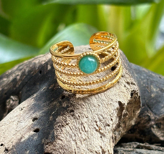 18ct Gold-Plated Amazonite Multi-Band Adjustable Ring
