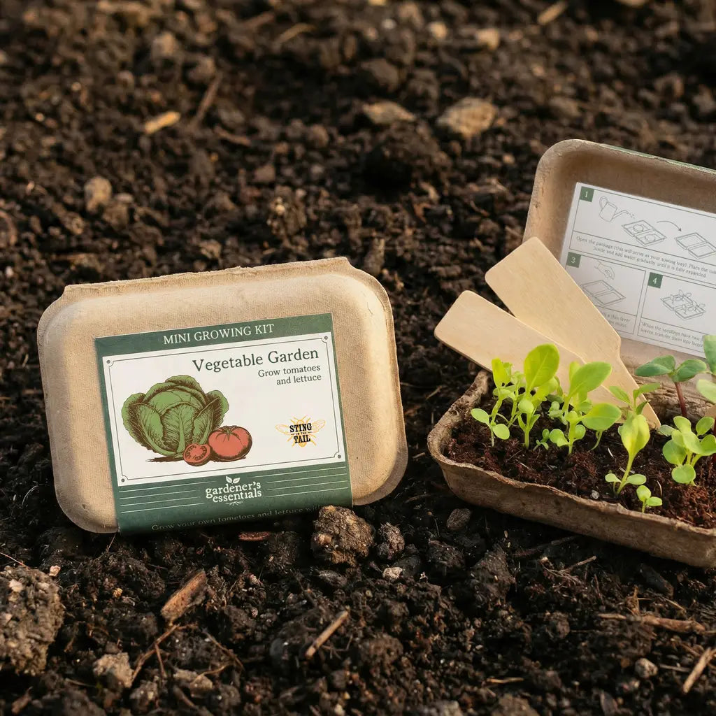 Mini growing kit for vegetable garden with seedlings on soil background