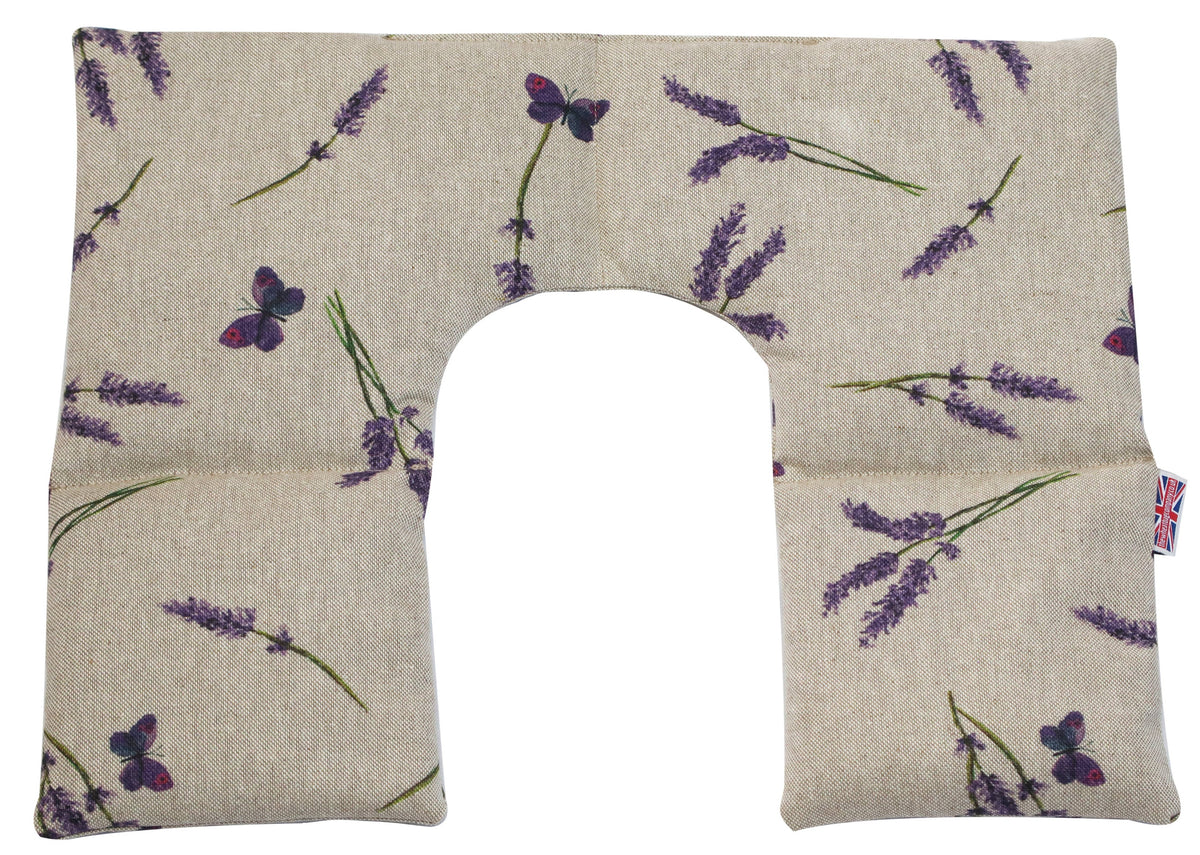 Rectangular fabric pouch with lavender and butterfly pattern on a beige background