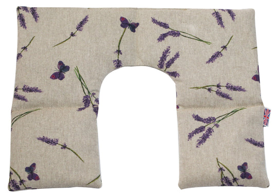Rectangular fabric pouch with lavender and butterfly pattern on a beige background