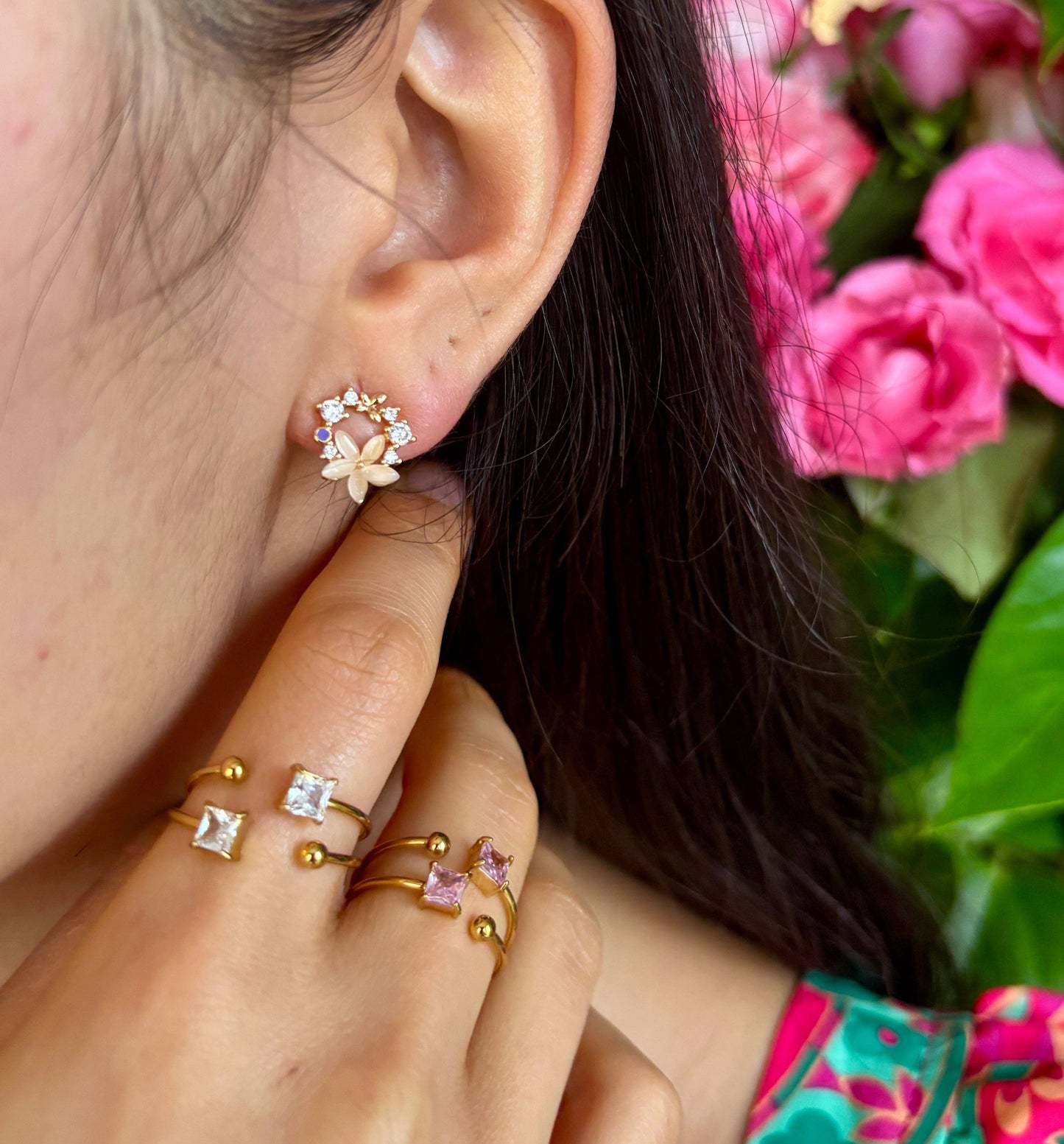 14ct Gold Plated Flower Wreath Earrings | Cubic Zirconia Floral Stud Earrings
