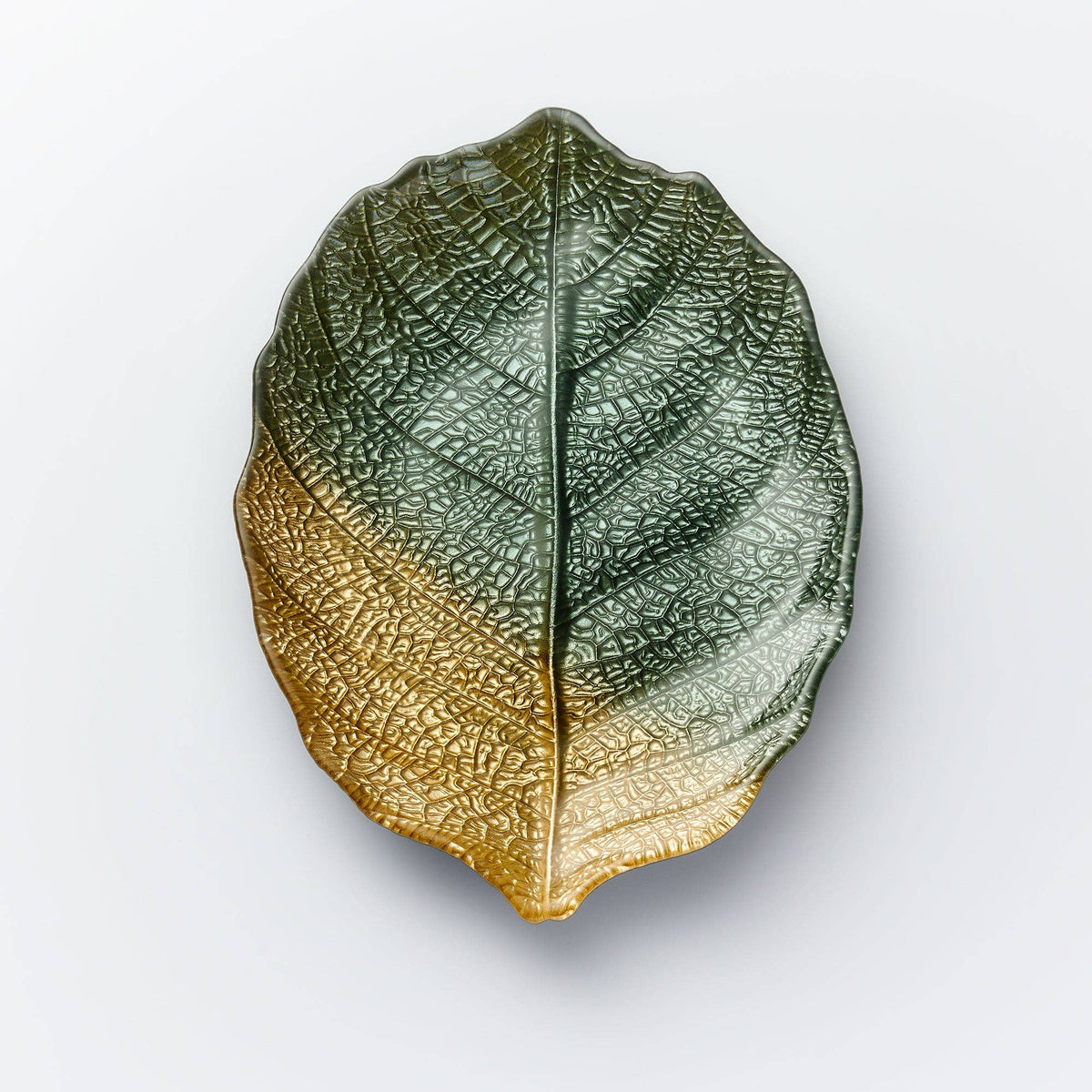 Verdant Green & Gold Glass Leaf Decorative Plate – 28cm