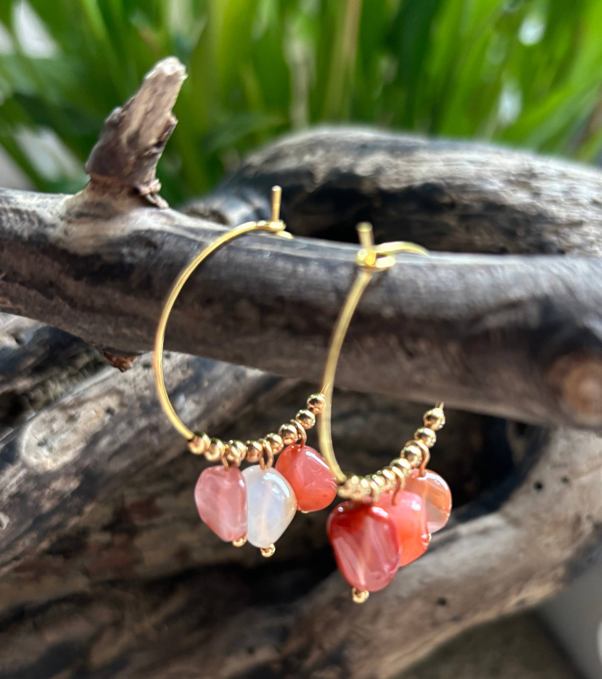 18ct Gold Plated Red Agate Cluster Hoop Earrings