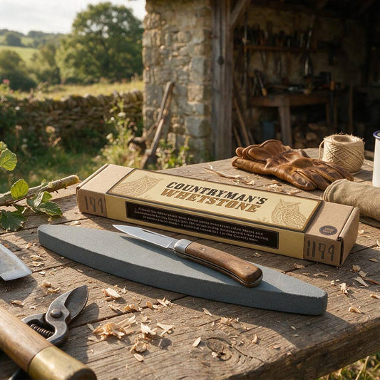 A sharpening set including a Countryman's Whetstone box, a gray stone holder with a knife, leather gloves, and pruning shears on a rustic wooden workbench with wood shavings, set against a blurred outdoor workshop background.