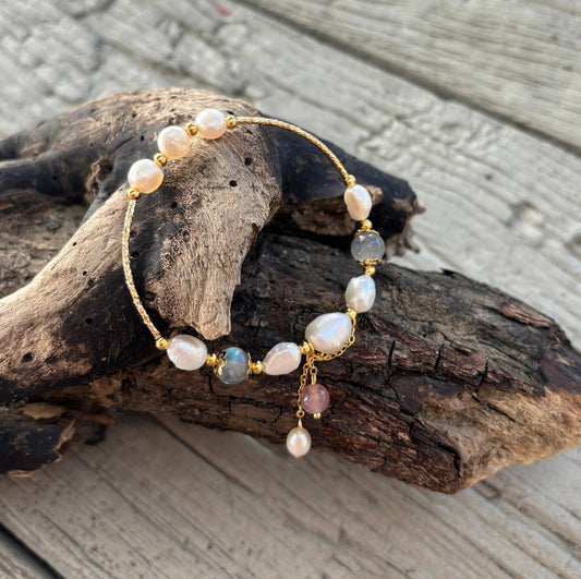 14ct Gold Plated Freshwater Pearl & Moonstone Bracelet | Elastic Gemstone Bracelet UK