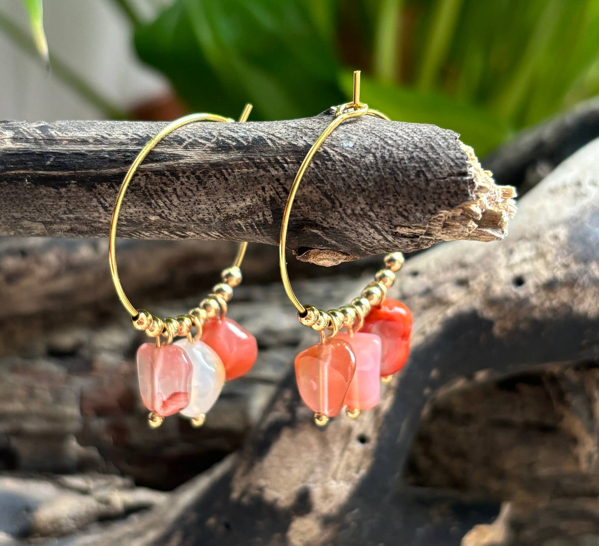 18ct Gold Plated Red Agate Cluster Hoop Earrings