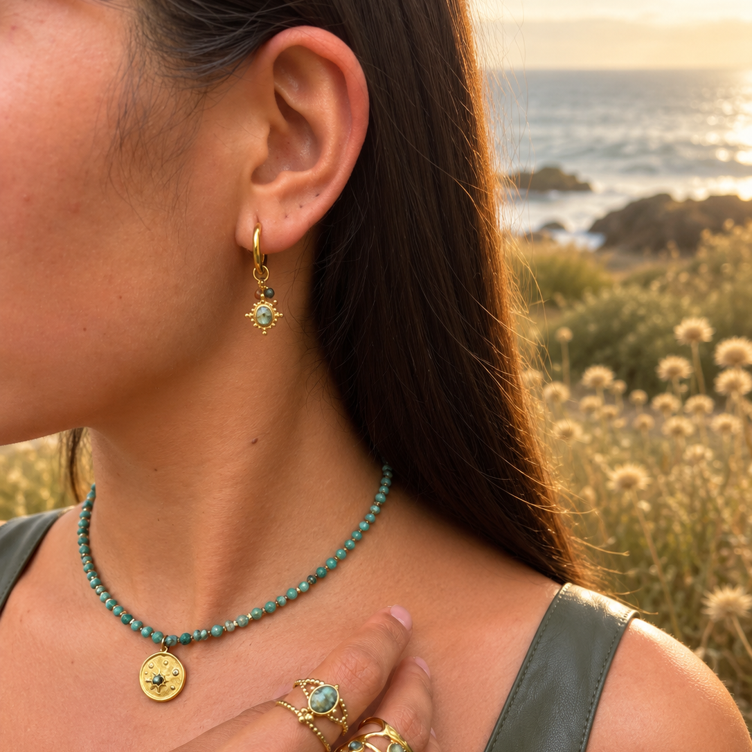 18ct Gold Plated African Turquoise Charm Huggie Earrings