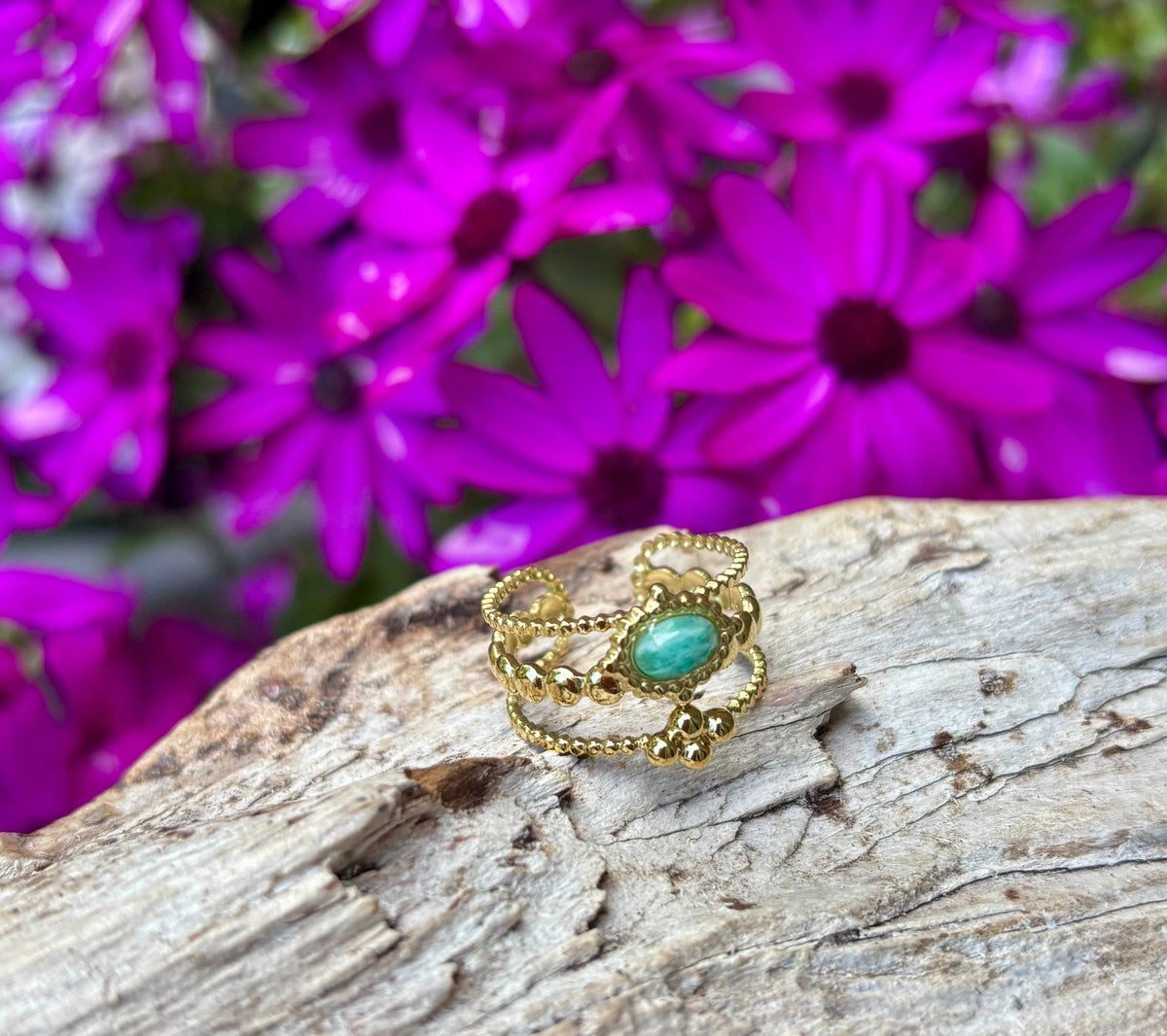 18ct Gold-Plated Faceted Amazonite Triple Band Ring