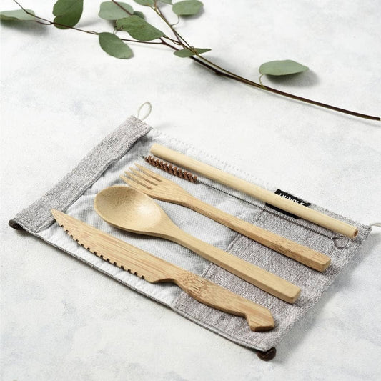 Reusable Bamboo Cutlery Set with Jute Case – Ash Grey