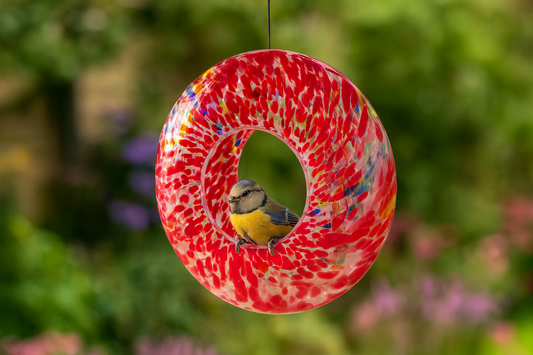 Hand-Blown Glass Hanging Bird Feeder – Red