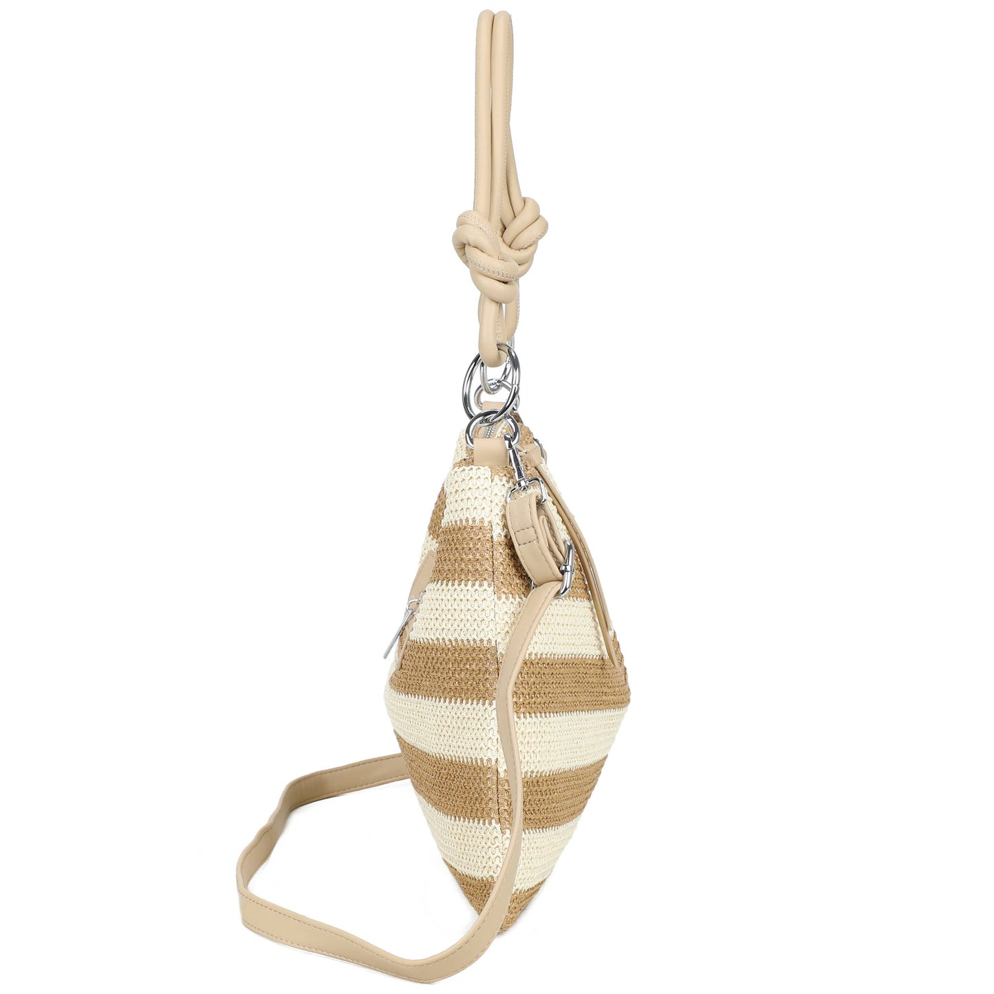 H681-4 Natural Straw Stripe Shoulder Bag with Knot Handle: Khaki/beige
