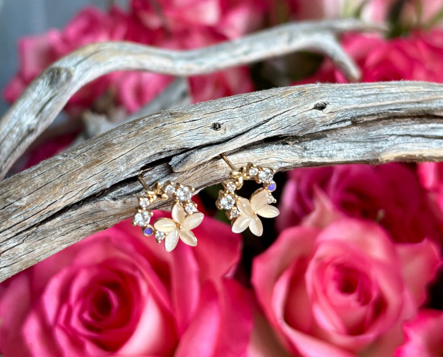 14ct Gold Plated Flower Wreath Earrings | Cubic Zirconia Floral Stud Earrings