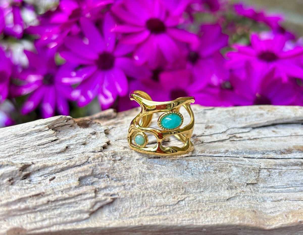 18ct Gold-Plated Amazonite Cage Adjustable Ring