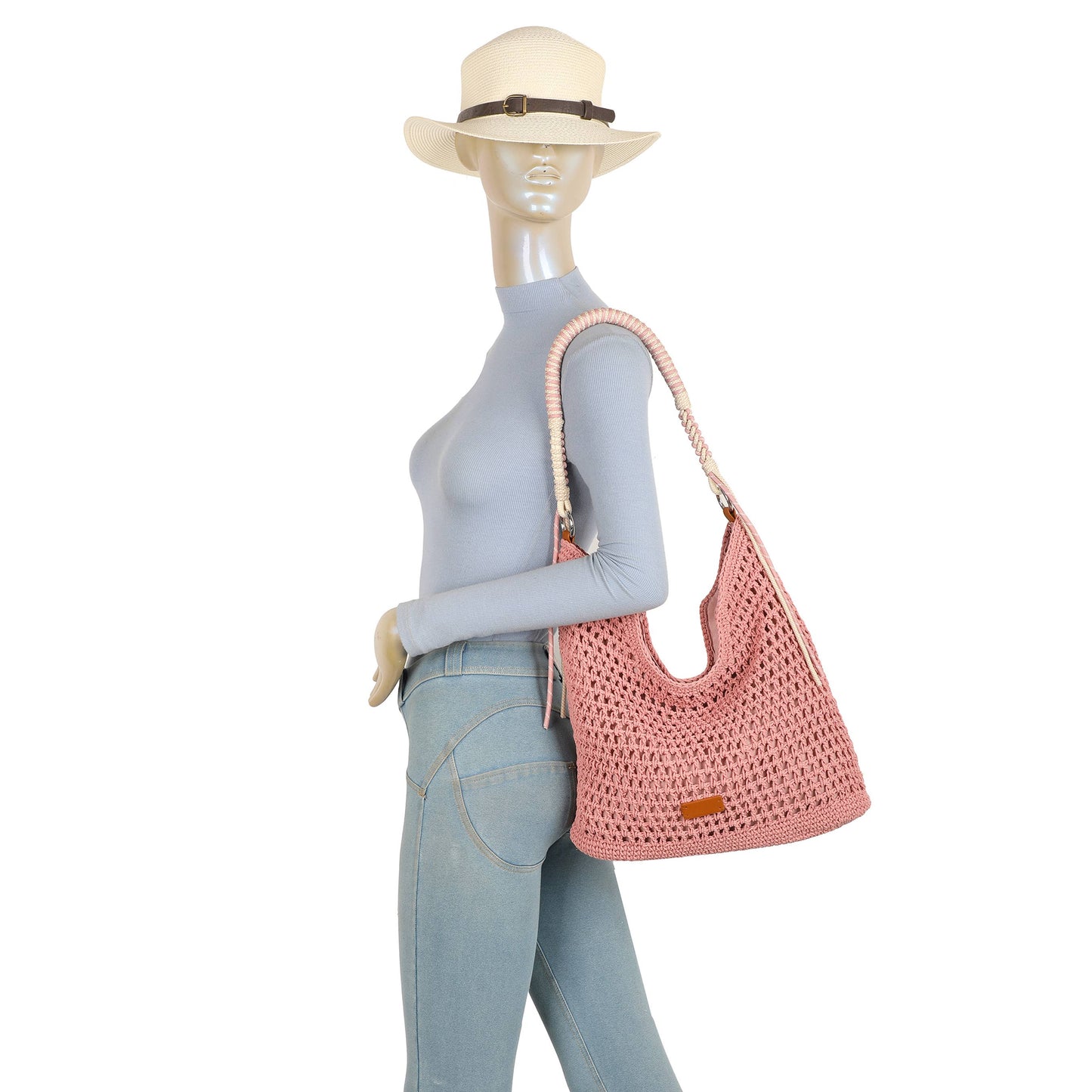 Beige Crochet Hobo Bag | Boho Shoulder Bag with Rope Handle