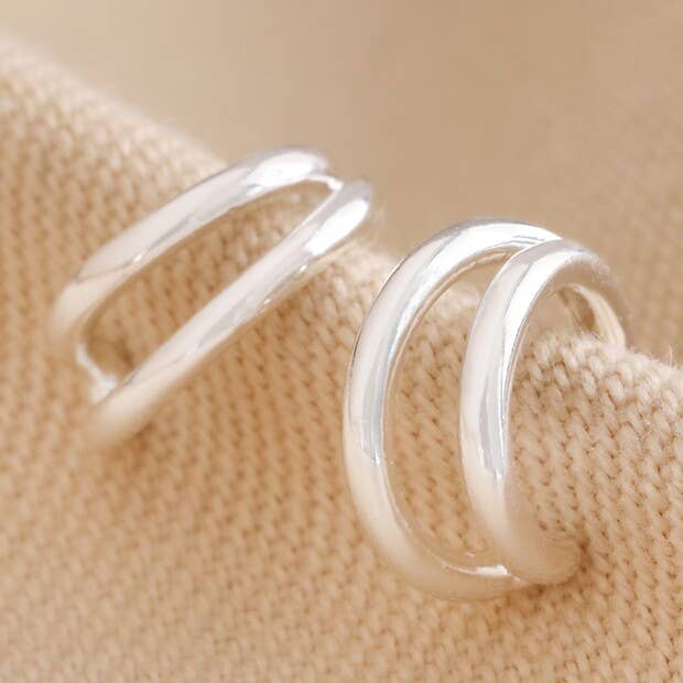 Double Illusion Huggie Hoop Earrings in Silver – Layered Look Minimalist Hoops