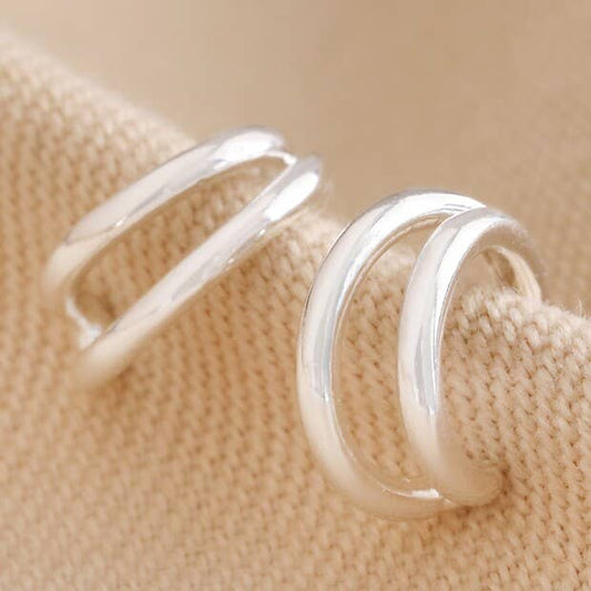 Double Illusion Huggie Hoop Earrings in Silver – Layered Look Minimalist Hoops