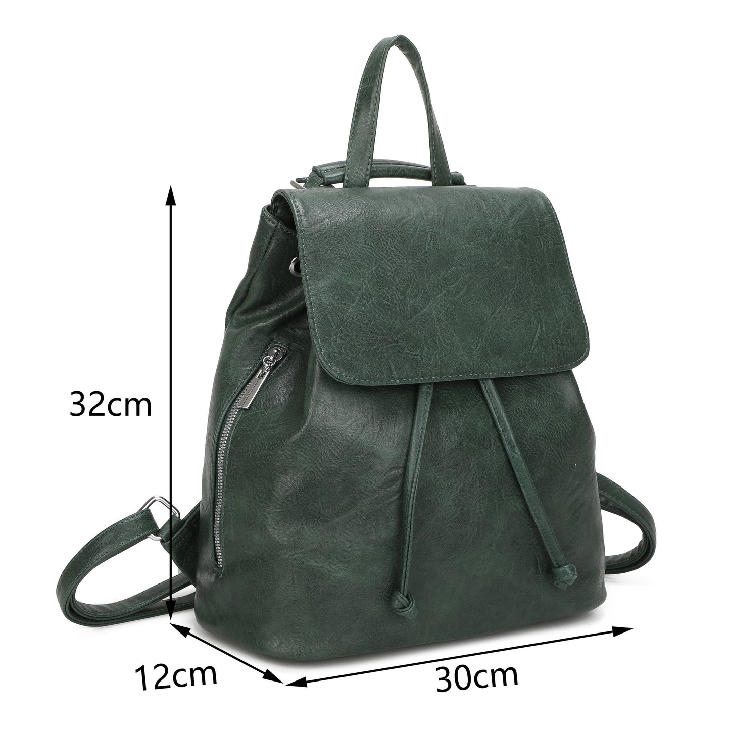 Green backpack with dimensions marked on a white background